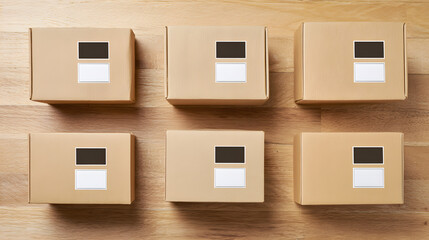 Neatly arranged package boxes with shipping labels on a wooden surface for e-commerce.