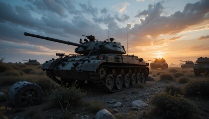 Military Gear at Sunset on Battlefield
