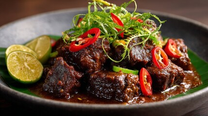Delicious spicy beef rendang garnished with lime and fresh herbs.