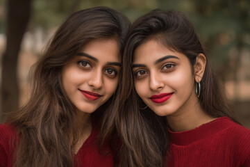 Obraz premium capture stunning portrait of matching models beautifully coordinated in vibrant outfits that reflect their