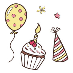 Yellow balloon pink polka dots cupcake with candle party hat birthday celebration