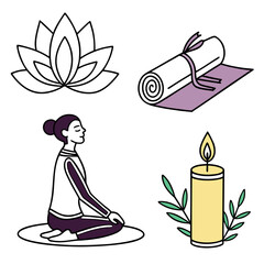 Yoga meditation lotus candle and rolled mat icons vector