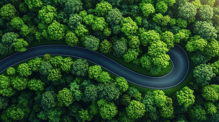 Winding road through a lush forest. High-angle view