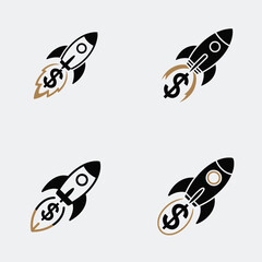 Four Black Rockets with Gold Dollar Sign Flames Launching Upward on a Light Gray Background Simple Minimalist Startup Financial Success Icons