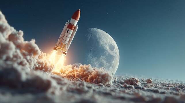 Hyper-realistic rocket soaring over the moon at 45-degree angle with trailing smoke, detailed spacecraft against dark blue space background highlighting futuristic exploration theme