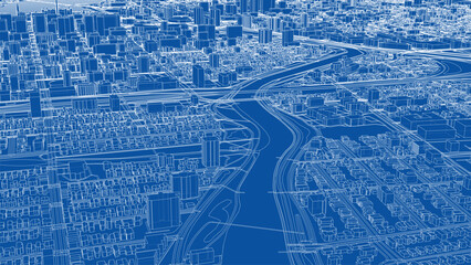 Detailed City Blueprint with River