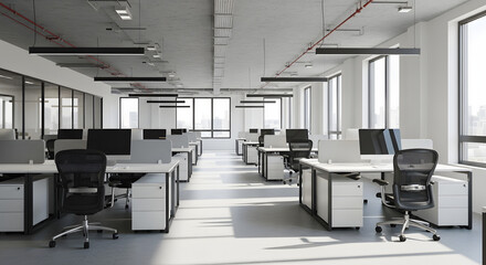 Bright Modern Empty Open-Plan Office Space with Workstations and Large Windows