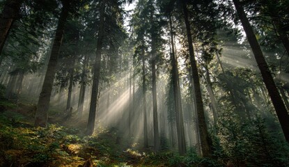 Obraz premium Sunlight streams through the towering trees of a dense forest creating a serene and ethereal atmosphere of natural beauty and tranquility.