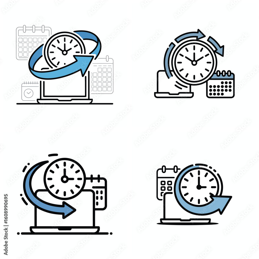 Poster four blue and black line icons depicting time management concepts featuring clocks calendars and lap