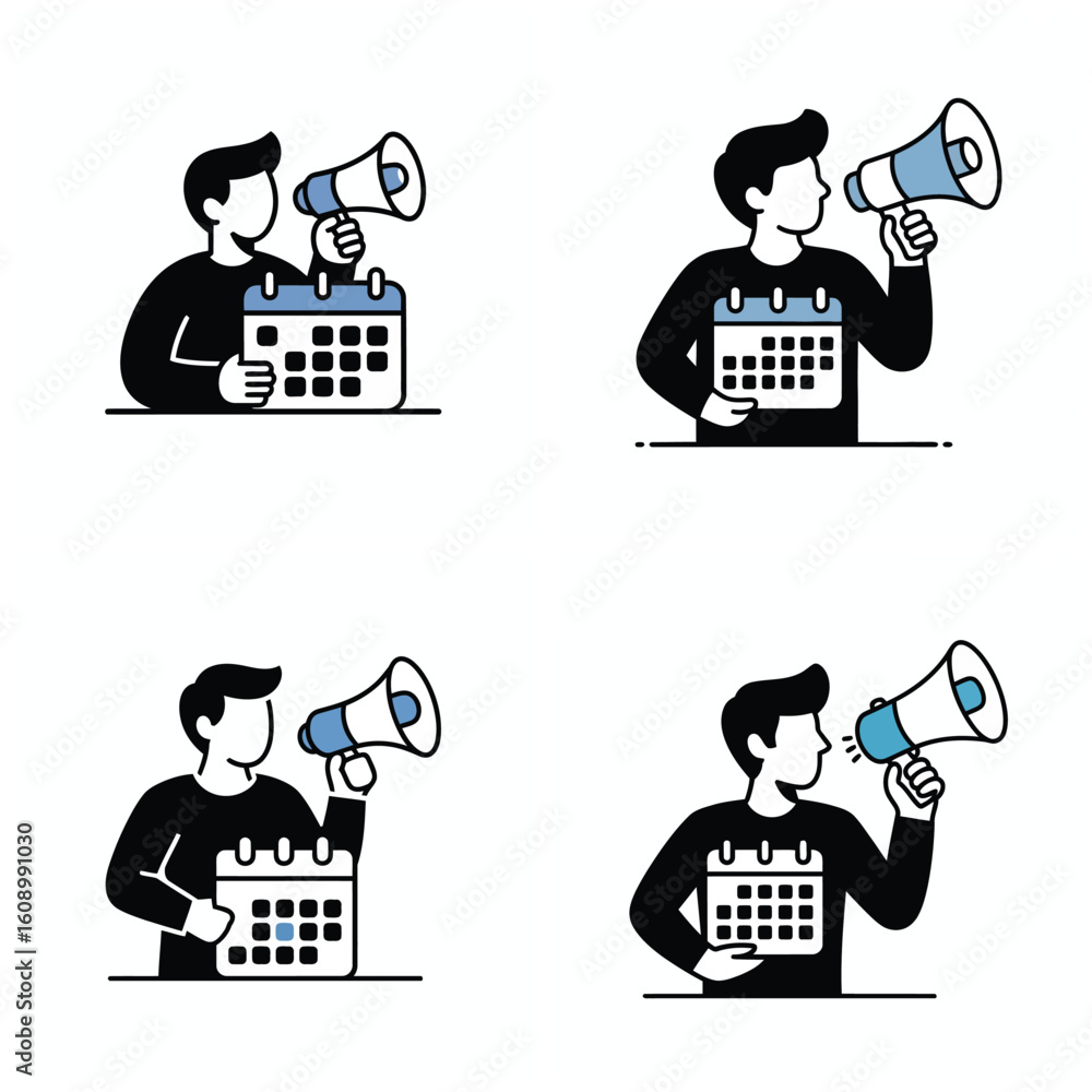 Poster four illustrations of a man holding a calendar and a megaphone announcing an event or important date