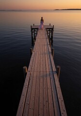 Fototapeta premium Woman in Pink Dress Sits on Wooden Pier at Sunset
