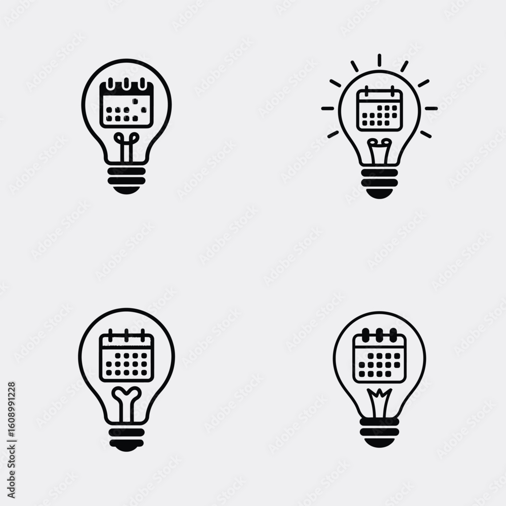 Poster four lightbulb icons featuring a calendar inside each bulb representing scheduling ideas planning an