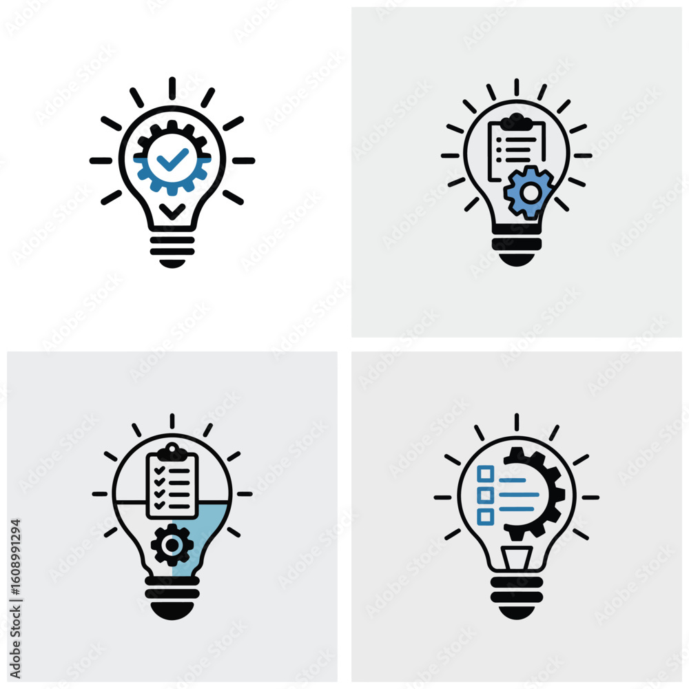 Poster four lightbulb icons illustrating project management concepts gear checklists and process optimizati