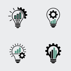 Four Lightbulb Icons Featuring Bar Graph and Gear Illustrations Green and Black Color Scheme Business Concept Graphics