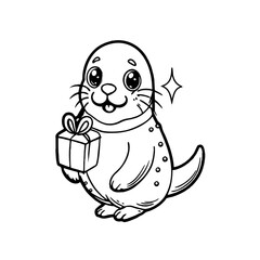 A cute cartoon seal holding a wrapped gift box with a bow, accompanied by a sparkling star.