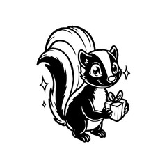 A cartoon skunk stands holding a small wrapped gift box, with a large striped tail and sparkling accents.