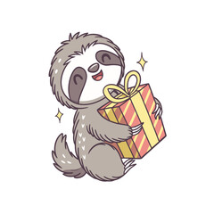 A cartoon sloth with a happy expression hugging a striped, wrapped present tied with a yellow ribbon.