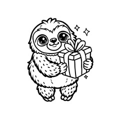 A sloth holds a gift box, surrounded by sparkles in a cheerful setting.