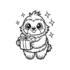 A cute sloth holds a gift, surrounded by sparkling stars in festive setting.