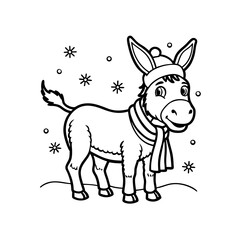 A cartoon donkey wearing a hat and scarf stands in the snow surrounded by snowflakes, presented as a black and white line drawing.