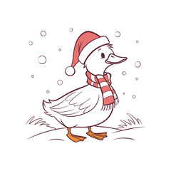 A cartoon duck wearing a Santa hat and a striped scarf stands in the snow with snowflakes falling.