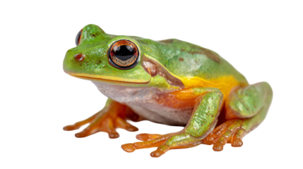 Close up of green and orange frog on white background

