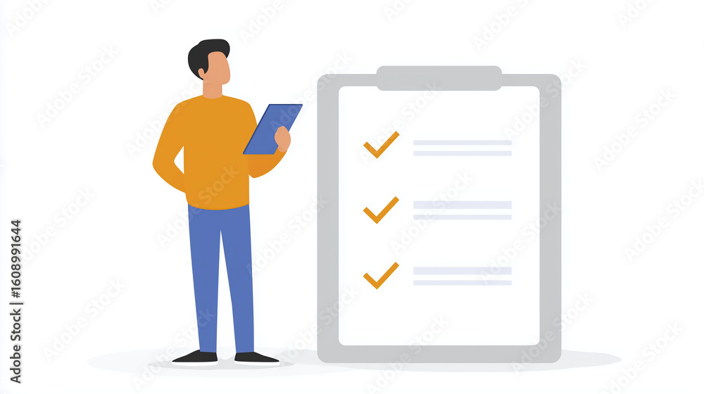 Poster illustration of a man in an orange sweater holding a clipboard, standing beside a checklist with che