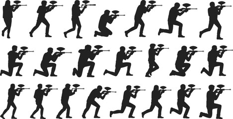 Paintball player action silhouettes, tactical movement, sport battle scene, shooting posture illustration, team competition concept, flat vector style