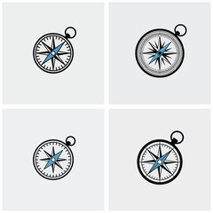 Four Simple Black and White Compass Illustrations with Light Blue Needle Pointing North on a Light Gray Background