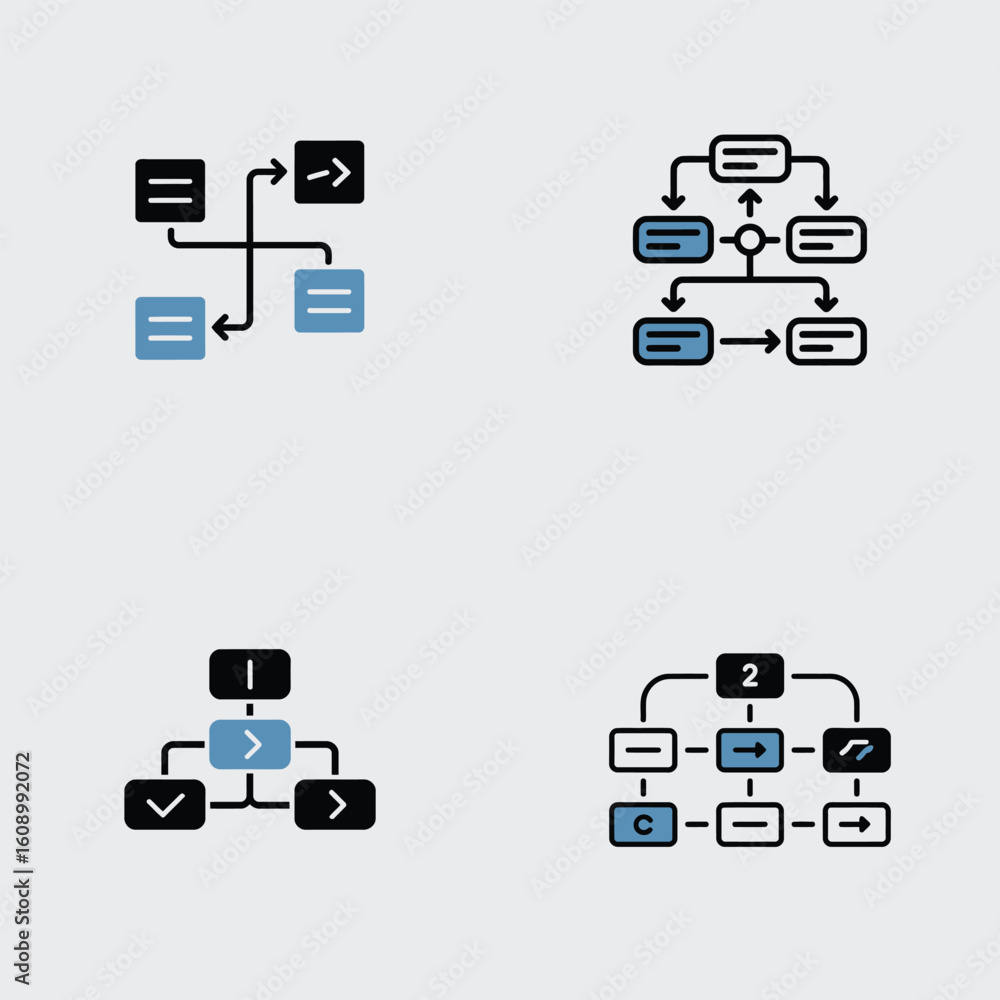 Poster four simple flowchart diagrams with black and light blue rectangles and arrows illustrating process 