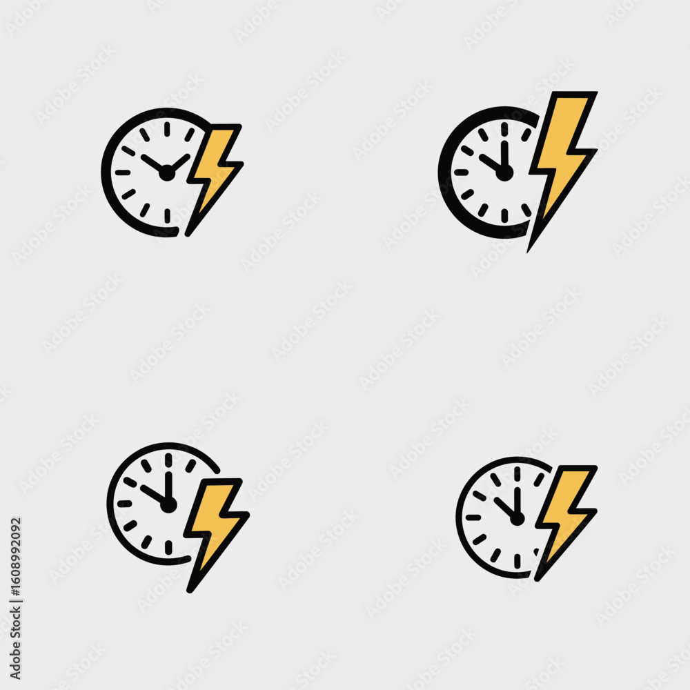 Poster four simple icons depicting a clock and lightning bolt in yellow and black on a light gray backgroun