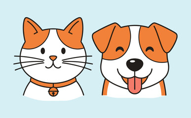 Adorable Cartoon Cat and Dog Portraits, Illustrating Friendship and Companionship of Domestic Pets with Happy, Playful Expressions