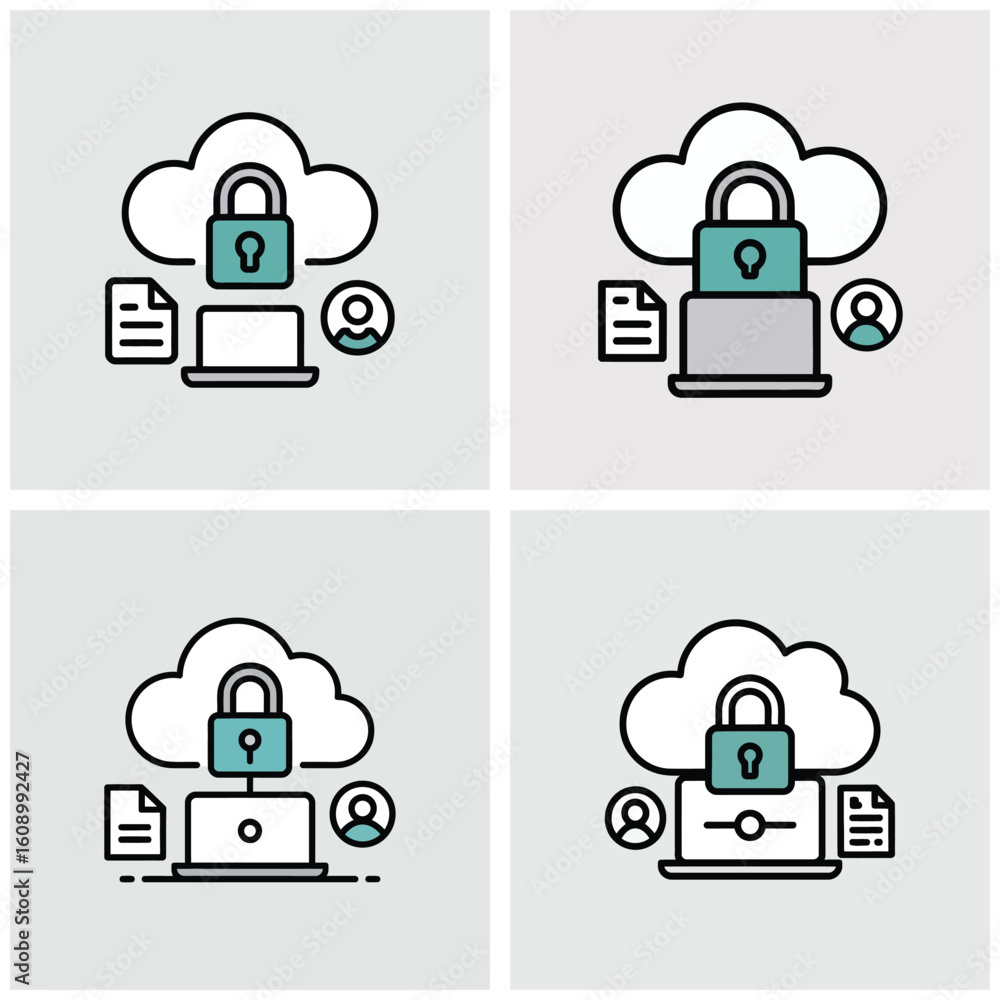 Poster four teal and black cloud computing security icons depicting a laptop document user and padlock insi