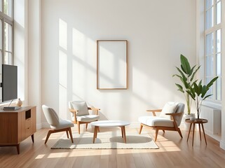 neutral cozy home interior, mid-century modern style, sunlight through window, scandinavian aesthetics, decorative vases, framed wall art