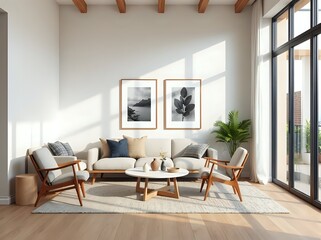 neutral cozy home interior, mid-century modern style, sunlight through window, scandinavian aesthetics, decorative vases, framed wall art