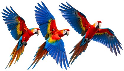 Three scarlet macaws in flight against a white background (1)