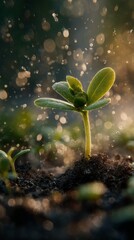 Close-up of a tender green sunflower sprout emerging from moist soil under soft morning light, with tiny leaf buds, shallow depth of field, spring growth, hope and vitality.