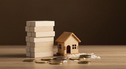 Wooden Block Stack House Coins and Pills on Wooden Surface in Dark Background