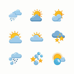 Obraz premium Flat Design Weather Icons Set Cloud Sun Rain Stars Bubbles Forecast