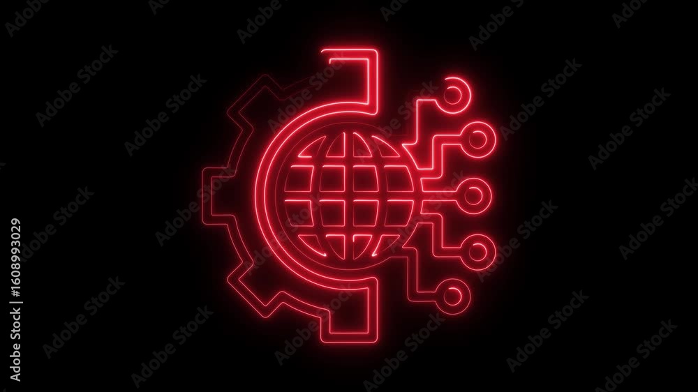 Poster glowing red neon tech gear globe circuitry animation loop seamless background for technology
