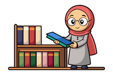 A cheerful cartoon illustration of a young muslim girl wearing a hijab and glasses holding a book next to a bookshelf
