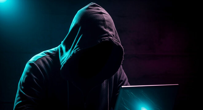 Hooded figure using laptop in dark, neon-lit setting, symbolizing anonymity, secrecy, or online activity