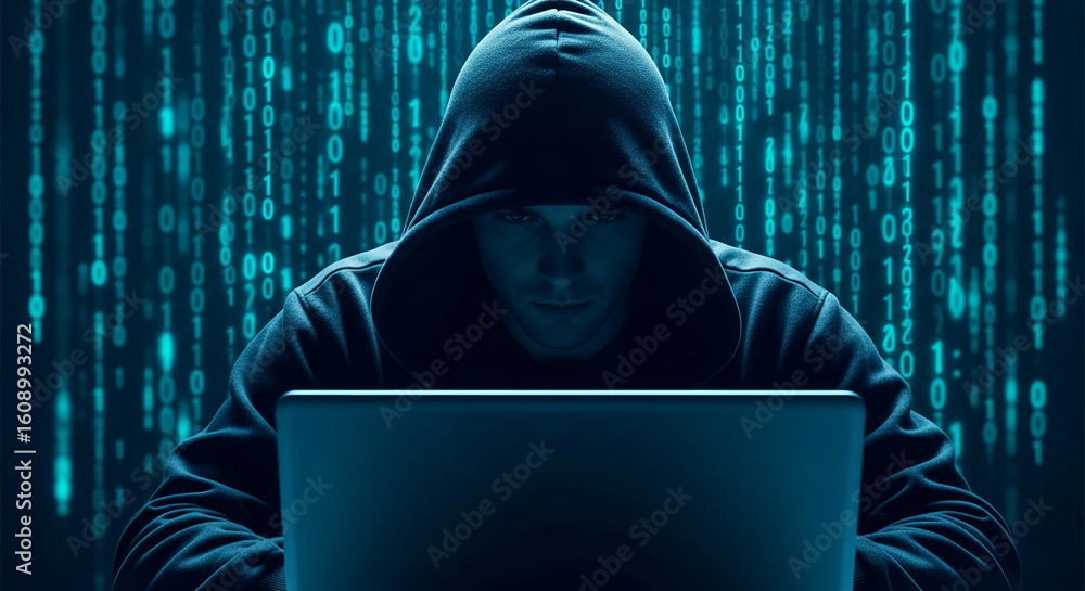 Poster hooded figure working on laptop, binary code background, symbolizing cybersecurity, hacking, or data