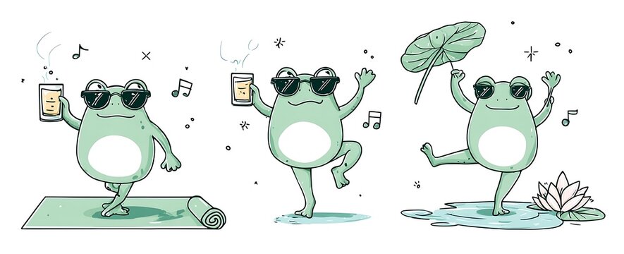 Cute, kawaii frog character in three poses