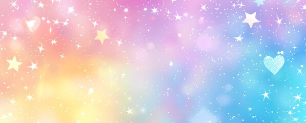 Holographic rainbow pastel kawaii unicorn background with hearts and stars, glittery and sparkly