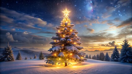 Illuminated christmas tree in snowy landscape under starry sky