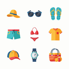 Summer Vacation Beach Accessories Flat Icon Set
