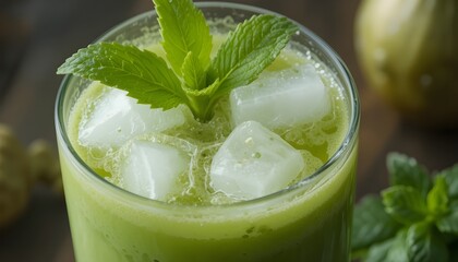 Iced Matcha with Fresh Mint and Cucumber Garnish
