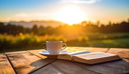 Coffee Cup and Book on Wooden Table at Sunset with Golden Light