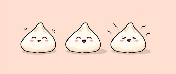 Three cute kawaii dumplings with different expressions, a simple vector illustration on a white background